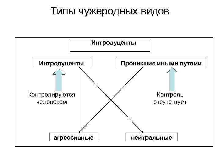 Типы чужеродных видов Интродуценты Контролируются человеком агрессивные Проникшие иными путями Контроль отсутствует нейтральные 