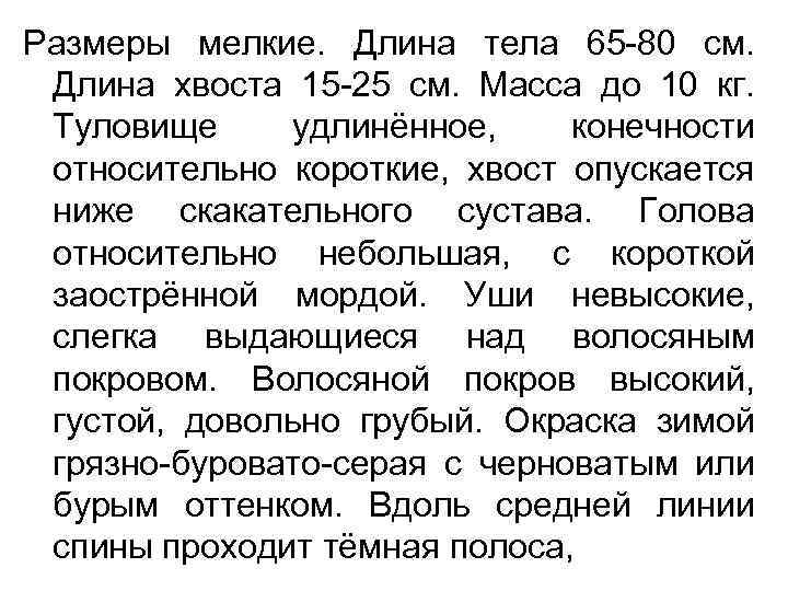 Размеры мелкие. Длина тела 65 80 см. Длина хвоста 15 25 см. Масса до