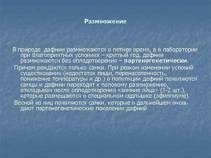 Размножение В природе дафнии размножаются в летнее время, а в лаборатории при благоприятных условиях