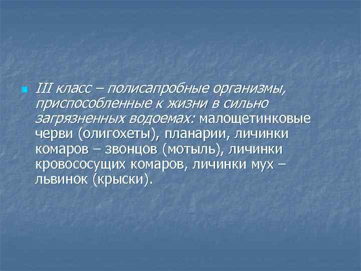 n III класс – полисапробные организмы, приспособленные к жизни в сильно загрязненных водоемах: малощетинковые
