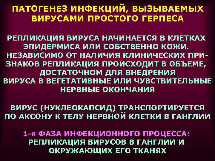 ПАТОГЕНЕЗ ИНФЕКЦИЙ, ВЫЗЫВАЕМЫХ ВИРУСАМИ ПРОСТОГО ГЕРПЕСА РЕПЛИКАЦИЯ ВИРУСА НАЧИНАЕТСЯ В КЛЕТКАХ ЭПИДЕРМИСА ИЛИ СОБСТВЕННО