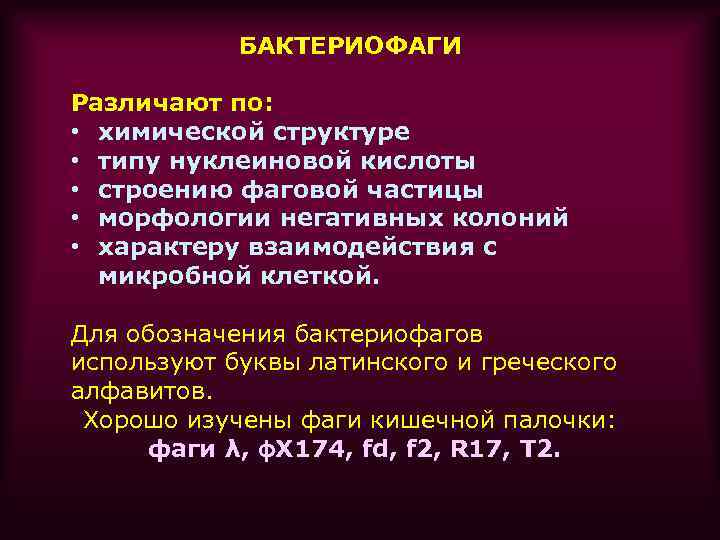 БАКТЕРИОФАГИ Различают по: • химической структуре • типу нуклеиновой кислоты • строению фаговой частицы