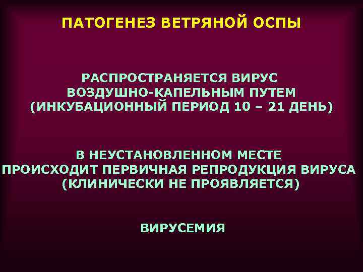 ПАТОГЕНЕЗ ВЕТРЯНОЙ ОСПЫ РАСПРОСТРАНЯЕТСЯ ВИРУС ВОЗДУШНО-КАПЕЛЬНЫМ ПУТЕМ (ИНКУБАЦИОННЫЙ ПЕРИОД 10 – 21 ДЕНЬ) В