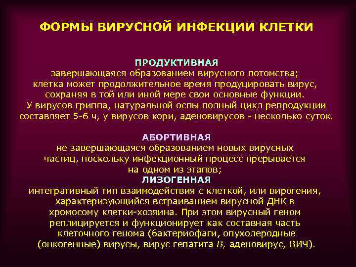 ФОРМЫ ВИРУСНОЙ ИНФЕКЦИИ КЛЕТКИ ПРОДУКТИВНАЯ завершающаяся образованием вирусного потомства; клетка может продолжительное время продуцировать