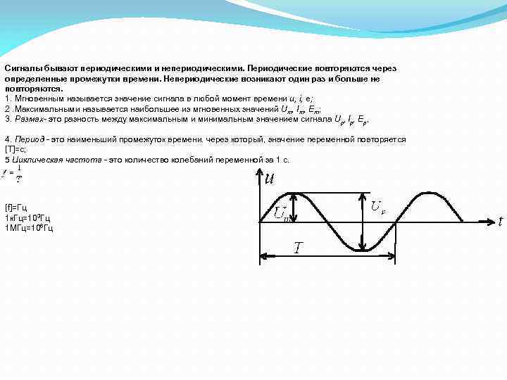 Сигналы бывают периодическими и непериодическими. Периодические повторяются через определенные промежутки времени. Непериодические возникают один