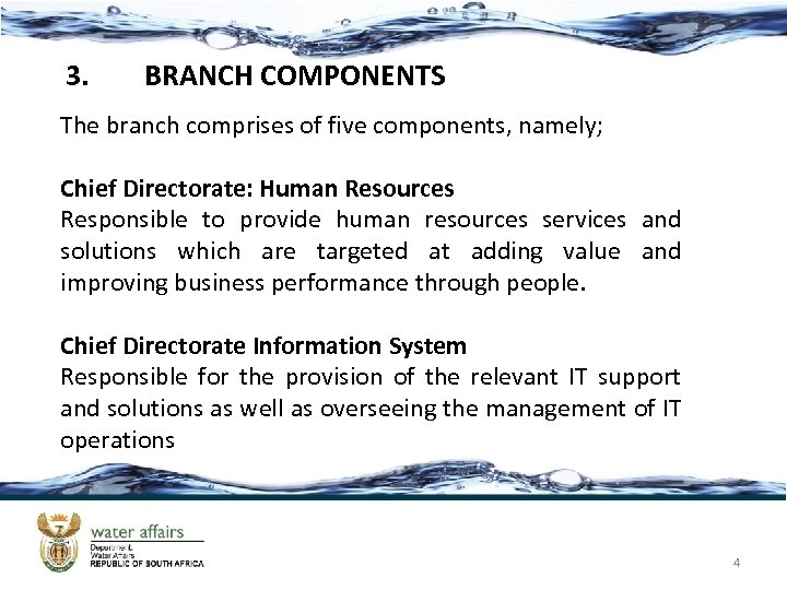 3. BRANCH COMPONENTS The branch comprises of five components, namely; Chief Directorate: Human Resources