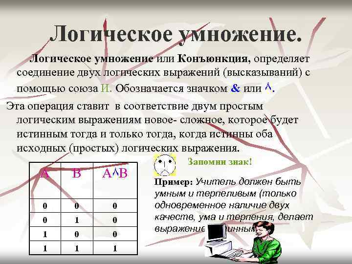 Логическое умножение или Конъюнкция, определяет соединение двух логических выражений (высказываний) с помощью союза И.