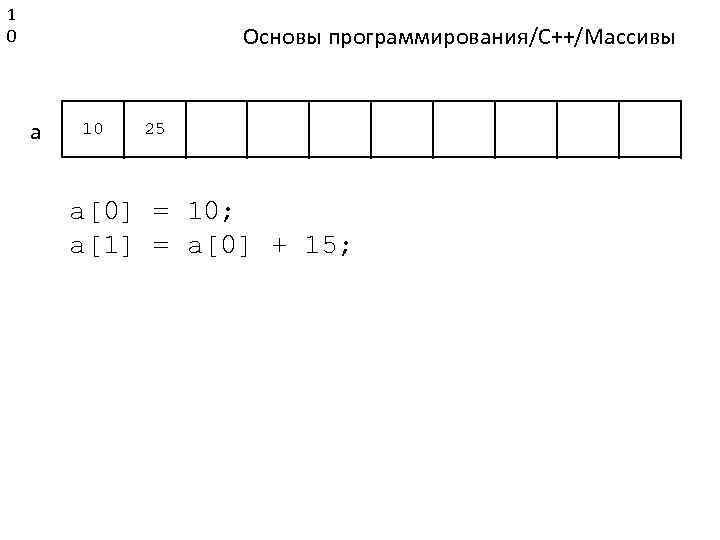 1 0 Основы программирования/C++/Массивы a 10 25 a[0] = 10; a[1] = a[0] +