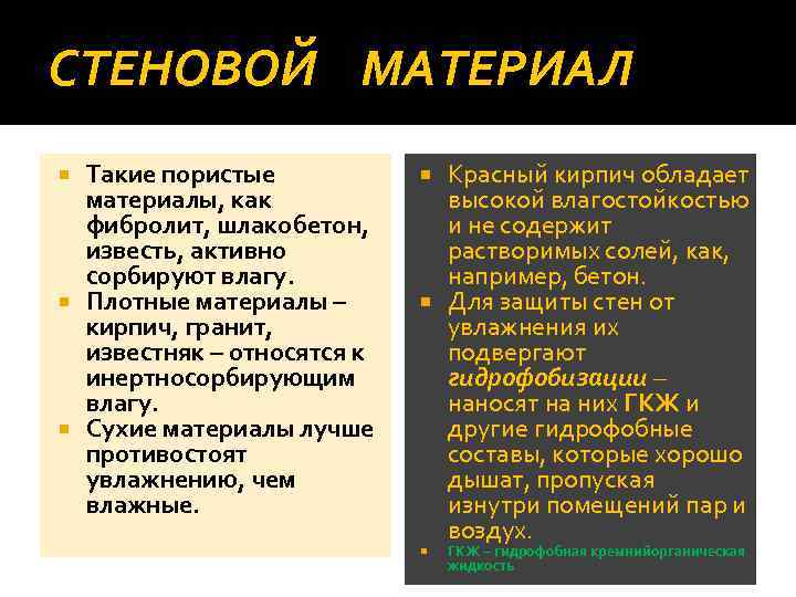 СТЕНОВОЙ МАТЕРИАЛ Такие пористые материалы, как фибролит, шлакобетон, известь, активно сорбируют влагу. Плотные материалы