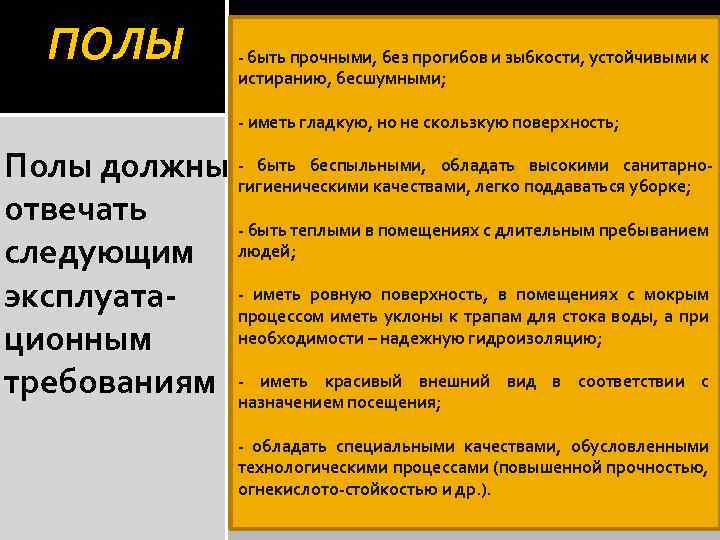 ПОЛЫ - быть прочными, без прогибов и зыбкости, устойчивыми к истиранию, бесшумными; - иметь