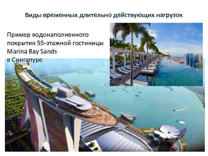 Виды временных длительно действующих нагрузок Пример водонаполненного покрытия 55 -этажной гостиницы Marina Bay Sands