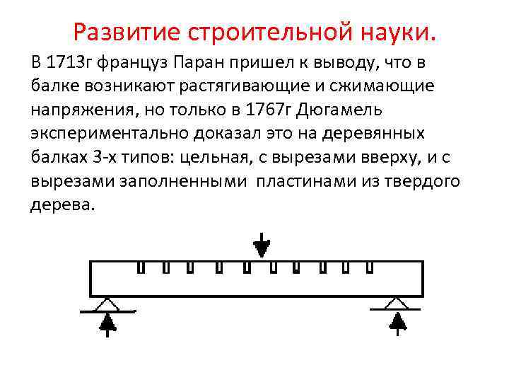 Развитие строительной науки. В 1713 г француз Паран пришел к выводу, что в балке