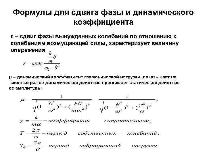 Формулы для сдвига фазы и динамического коэффициента ε – сдвиг фазы вынужденных колебаний по