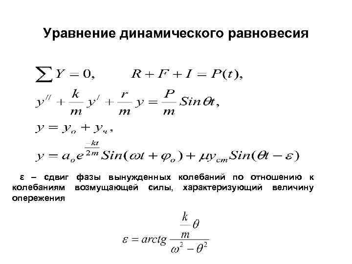 Уравнение динамического равновесия ε – сдвиг фазы вынужденных колебаний по отношению к колебаниям возмущающей