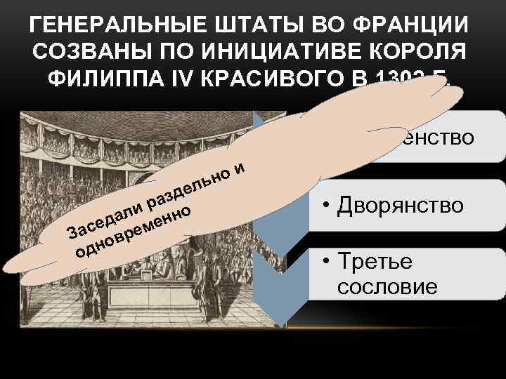 ГЕНЕРАЛЬНЫЕ ШТАТЫ ВО ФРАНЦИИ СОЗВАНЫ ПО ИНИЦИАТИВЕ КОРОЛЯ ФИЛИППА IV КРАСИВОГО В 1302 Г.