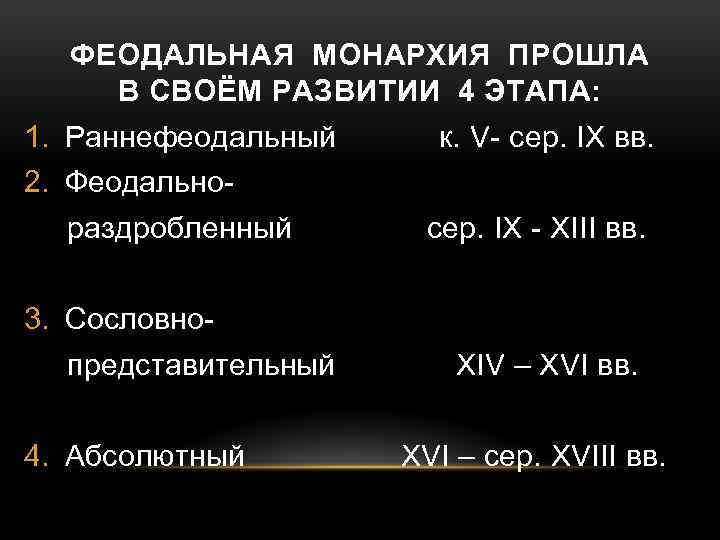 ФЕОДАЛЬНАЯ МОНАРХИЯ ПРОШЛА В СВОЁМ РАЗВИТИИ 4 ЭТАПА: 1. Раннефеодальный 2. Феодальнораздробленный сер. IX