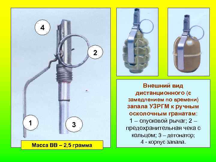 4 2 Внешний вид дистанционного (с замедлением по времени) 1 3 Масса ВВ –