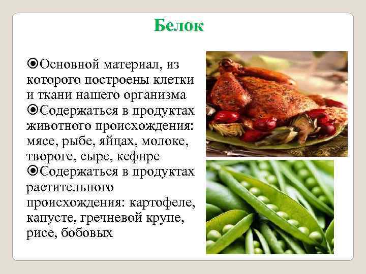 Белок Основной материал, из которого построены клетки и ткани нашего организма Содержаться в продуктах