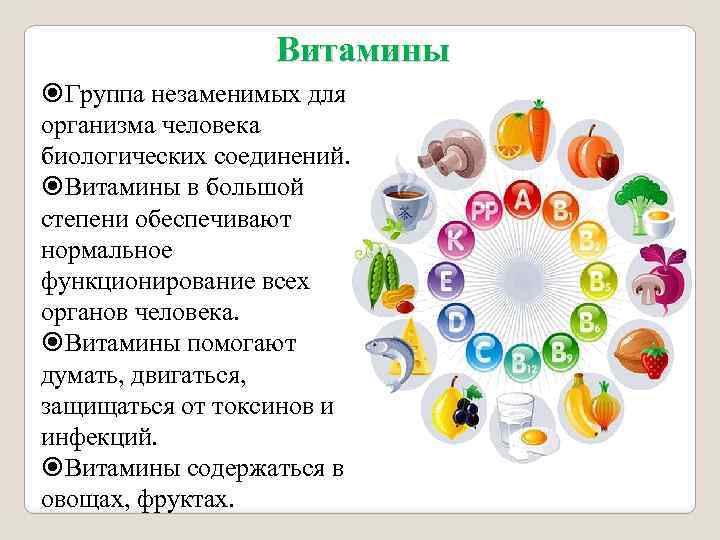 Витамины Группа незаменимых для организма человека биологических соединений. Витамины в большой степени обеспечивают нормальное