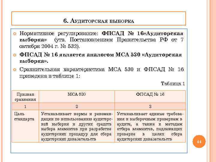 6. АУДИТОРСКАЯ ВЫБОРКА Нормативное регулирование: ФПСАД № 16» Аудиторская выборка» (утв. Постановлением Правительства РФ