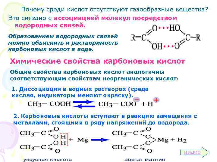 Почему среди кислот отсутствуют газообразные вещества? Это связано с ассоциацией молекул посредством водородных связей.