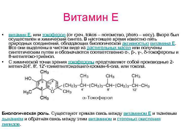 Витамин Е • • витамин Е, или токоферол (от греч. tokos – потомство, phero