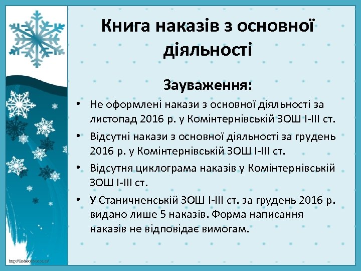 Книга наказів з основної діяльності Зауваження: • Не оформлені накази з основної діяльності за