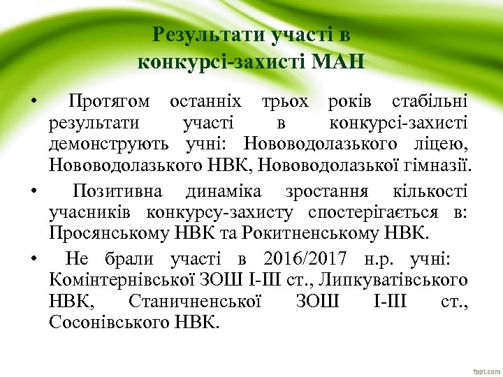 Результати участі в конкурсі-захисті МАН • Протягом останніх трьох років стабільні результати участі в