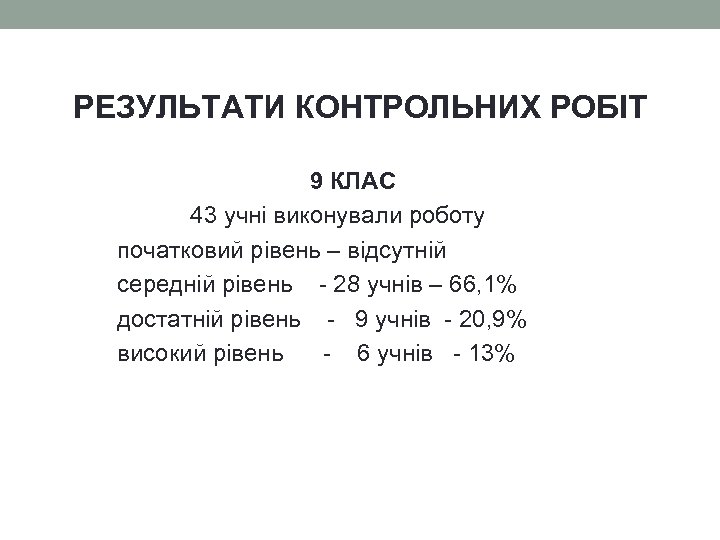 РЕЗУЛЬТАТИ КОНТРОЛЬНИХ РОБІТ 9 КЛАС 43 учні виконували роботу початковий рівень – відсутній середній