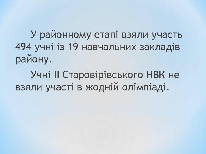 У районному етапі взяли участь 494 учні із 19 навчальних закладів району. Учні ІІ