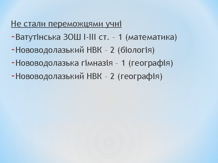 Не стали переможцями учні -Ватутінська ЗОШ І-ІІІ ст. – 1 (математика) -Нововодолазький НВК –