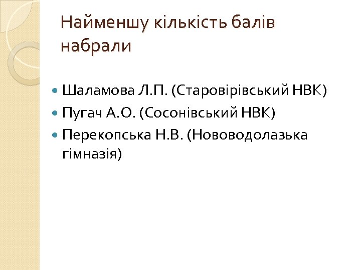 Найменшу кількість балів набрали Шаламова Л. П. (Старовірівський НВК) Пугач А. О. (Сосонівський НВК)