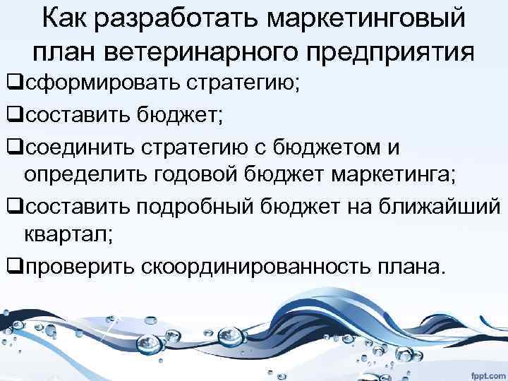 Как разработать маркетинговый план ветеринарного предприятия qсформировать стратегию; qсоставить бюджет; qсоединить стратегию с бюджетом