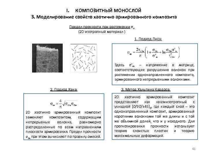 I. КОМПОЗИТНЫЙ МОНОСЛОЙ 3. Моделирование свойств хаотично армированного композита Предел прочности при растяжении σu