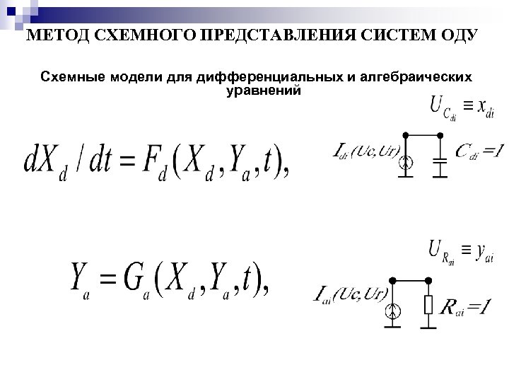 МЕТОД СХЕМНОГО ПРЕДСТАВЛЕНИЯ СИСТЕМ ОДУ Схемные модели для дифференциальных и алгебраических уравнений 