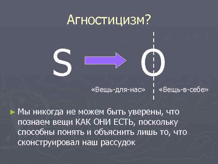 Агностицизм? S O «Вещь-для-нас» ► Мы «Вещь-в-себе» никогда не можем быть уверены, что познаем