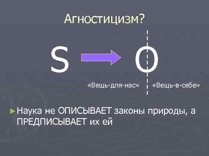 Агностицизм? S O «Вещь-для-нас» ► Наука «Вещь-в-себе» не ОПИСЫВАЕТ законы природы, а ПРЕДПИСЫВАЕТ их