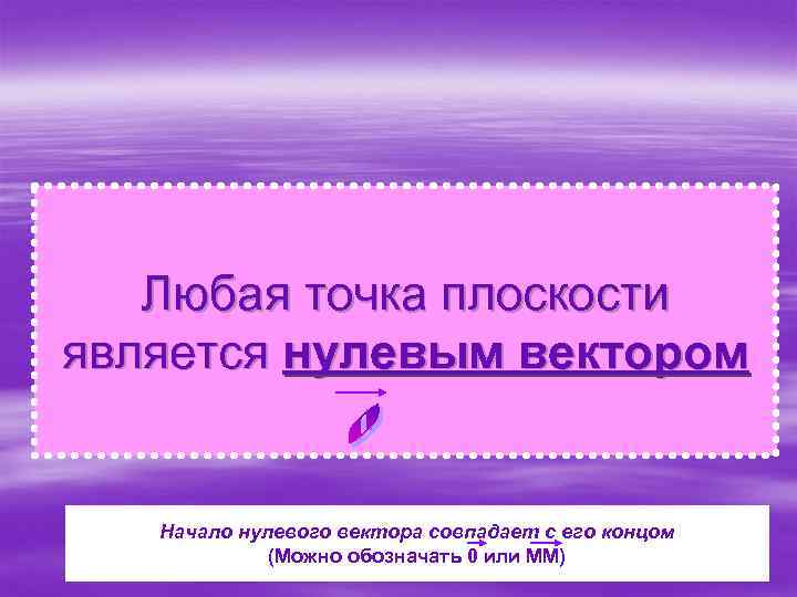 Любая точка плоскости является нулевым вектором Начало нулевого вектора совпадает с его концом (Можно