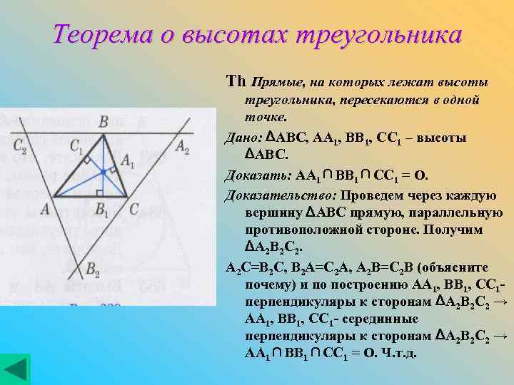 Теорема о высотах треугольника Th Прямые, на которых лежат высоты треугольника, пересекаются в одной