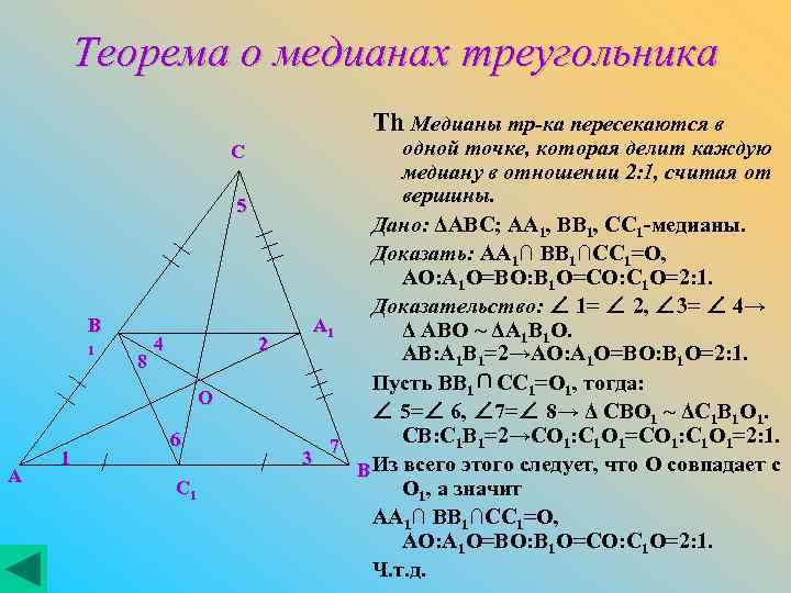 Теорема о медианах треугольника Th Медианы тр-ка пересекаются в C 5 B 1 8