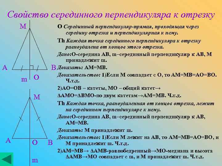 Свойство серединного перпендикуляра к отрезку M O Серединный перпендикуляр-прямая, проходящая через A m O