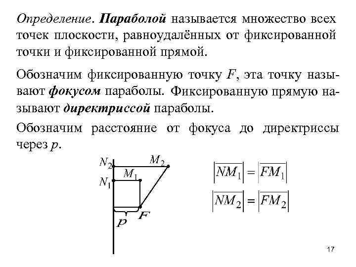 Определение. Параболой называется множество всех точек плоскости, равноудалённых от фиксированной точки и фиксированной прямой.