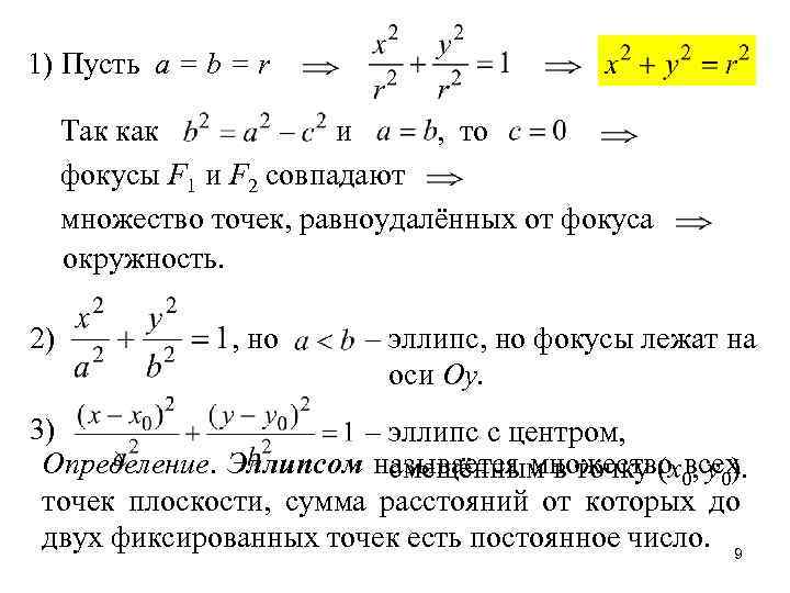 1) Пусть a = b = r Так как и , то фокусы F