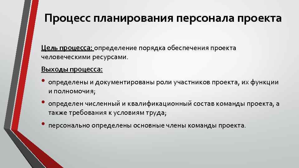 Процесс планирования персонала проекта Цель процесса: определение порядка обеспечения проекта человеческими ресурсами. Выходы процесса: