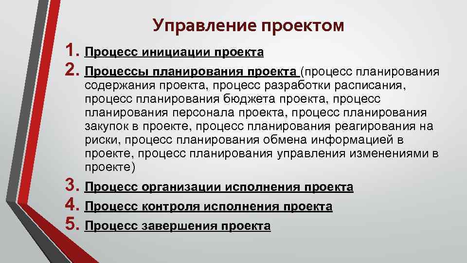 Управление проектом 1. Процесс инициации проекта 2. Процессы планирования проекта (процесс планирования содержания проекта,