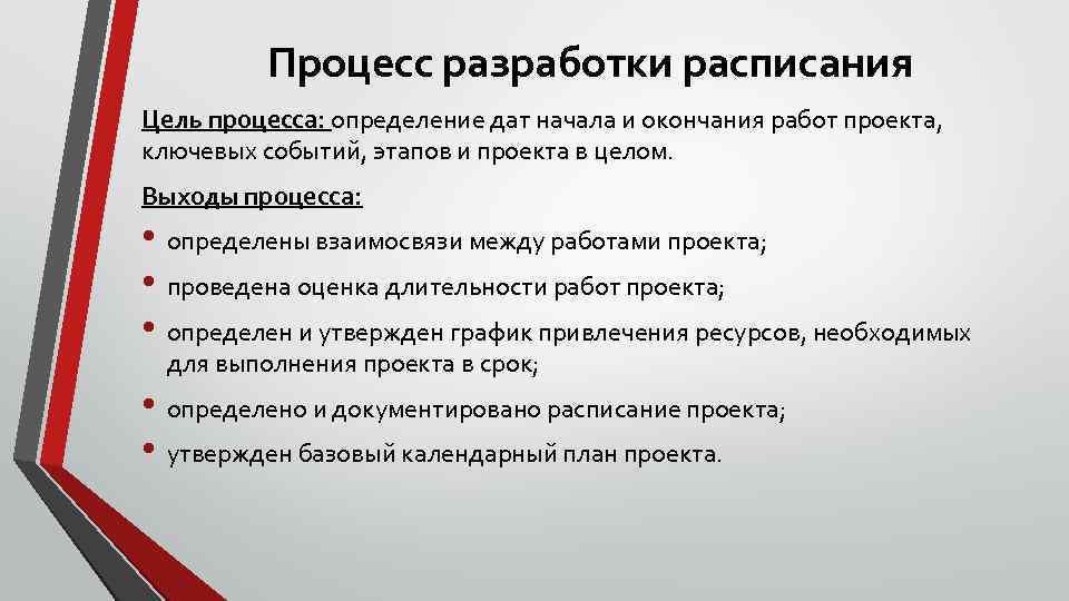 Процесс разработки расписания Цель процесса: определение дат начала и окончания работ проекта, ключевых событий,