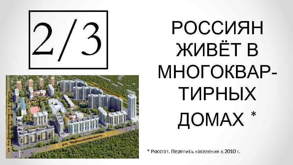 2/3 РОССИЯН ЖИВЁТ В МНОГОКВАРТИРНЫХ * ДОМАХ * Росстат. Перепись населения в 2010 г.