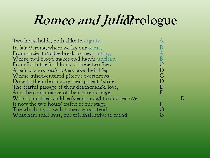 Romeo and Juliet Prologue Two households, both alike in dignity, In fair Verona, where