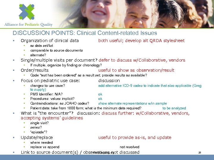 DISCUSSION POINTS: Clinical Content-related Issues § Organization of clinical data • • • §