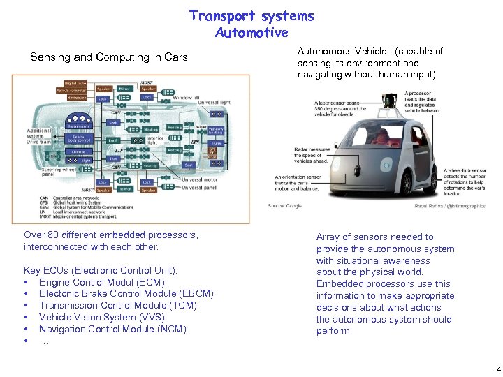Transport systems Automotive Sensing and Computing in Cars Over 80 different embedded processors, interconnected
